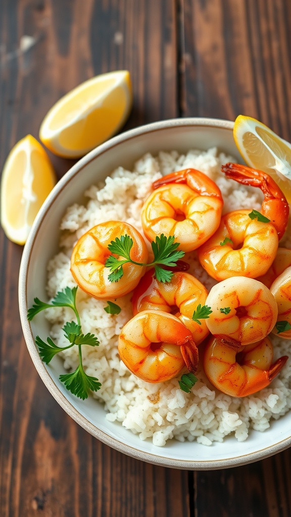 Garlic butter shrimp served over rice with parsley and lemon in a rustic bowl.